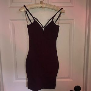 Sangria / Plum bodycon dress with cross cross plunging v neckline S